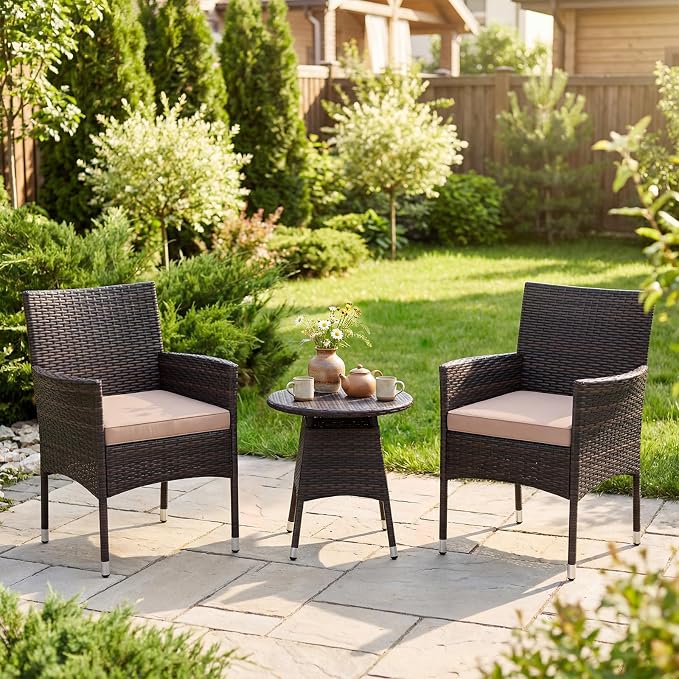Tangkula 3 Piece Patio Furniture Set, Hand-Woven PE Wicker Conversation Set with Contoured Armchairs, Cushions & Round Coffee Table, Outside Bistro Set for Porch, Backyard, Balcony & Poolside (Beige)