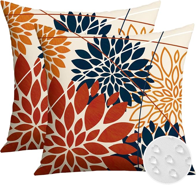 OTOSTAR Outdoor Orange Dark Blue Pillow Covers 20x20 Inch Set of 2 Flower Throw Pillows Farmhouse Geometric Dahlia Floral Square Cushion Case Waterproof Decor for Sofa Patio Funiture Garden