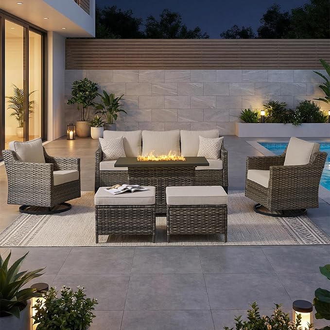 Outdoor Furniture Set of 6, Patio Sofa with Luxury 4" Cushion, Wicker Swivel Rocker Patio Chairs, and Fire Pit Table, High Back&Deep Seat for Garden Deck Porch Balcony Backyard - Beige