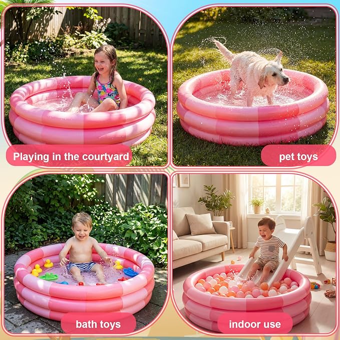 VioraWhite 4 Pack Inflatable Kiddie Pool for Toddlers 34"x10" Pink Stripe Blow up Kids Swimming Pool Small 3 Rings Round Baby Pools for Indoor Outdoor Water Game Play Center