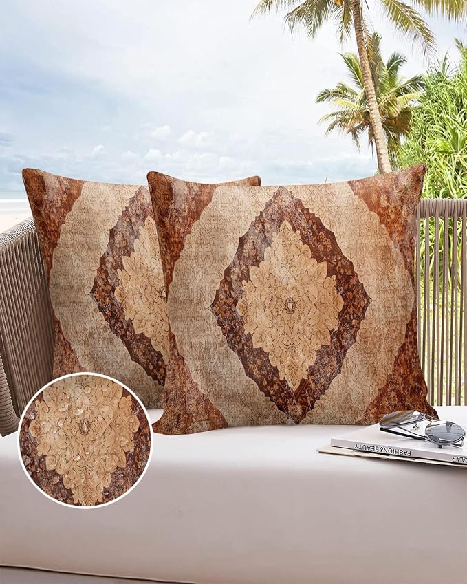 Outdoor Waterproof Pillow Covers Set of 2, Meddle Century Vintage Carpet Mural Pattern Brown Patio Throw Pillow Covers, Decorative Cushion Case for Couch Sofa Furniture Garden, 18x18 Inch