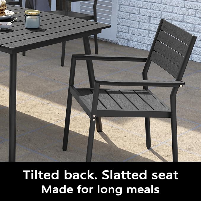 7-Piece Outdoor Dining Set for 6 Person with Black Wood-Grain Top | Armrest Stackable Chairs with 19.4" Seat Depth, Aluminum Frame Dining Furniture with Umbrella Hole for Deck, Porch & Backyard