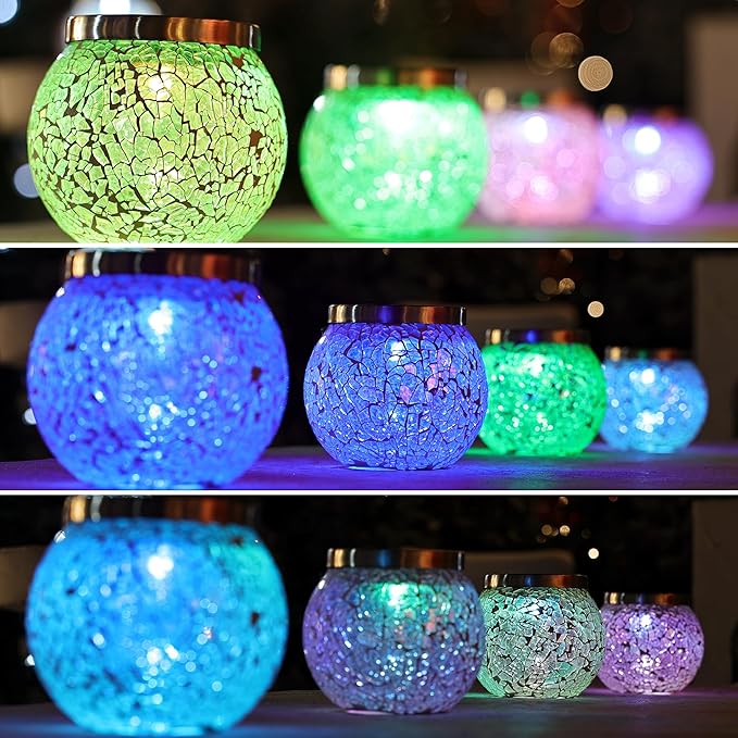 Cooo Gift for her him 4 Pack Heavy Solar Mosaic Crackle Glass Lights with Dual Solar Panels, Color-Changing RGB Lantern, Exclusive Dazzling Glass, Waterproof Outdoor Table Lamps Garden Lamp