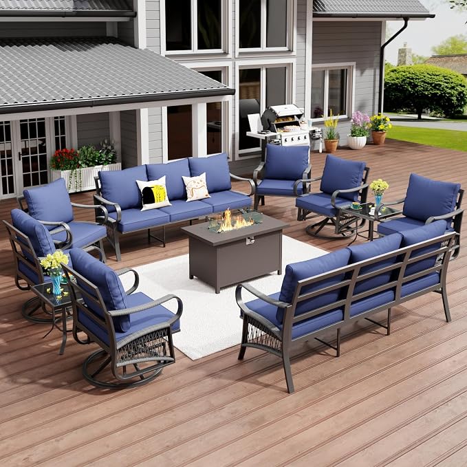 11 Piece Patio Furniture Set, All Weather Metal Outdoor Conversation Set with 50000 BTU Propane Fire Pit Table and 5" Thick Cushions, Sectional Sofa for Garden, Porch, Lawn, Blue