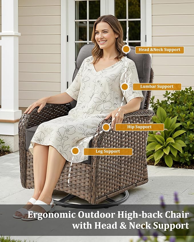 10-Piece Luxury Patio Furniture Set with 42.5" Fire Pit Table, Outdoor Wicker Sofa Couch & Swivel Rocker Chairs with 6-inch Thick Cushion, Conversation Set for Poolside, Deck & Yard - Gray