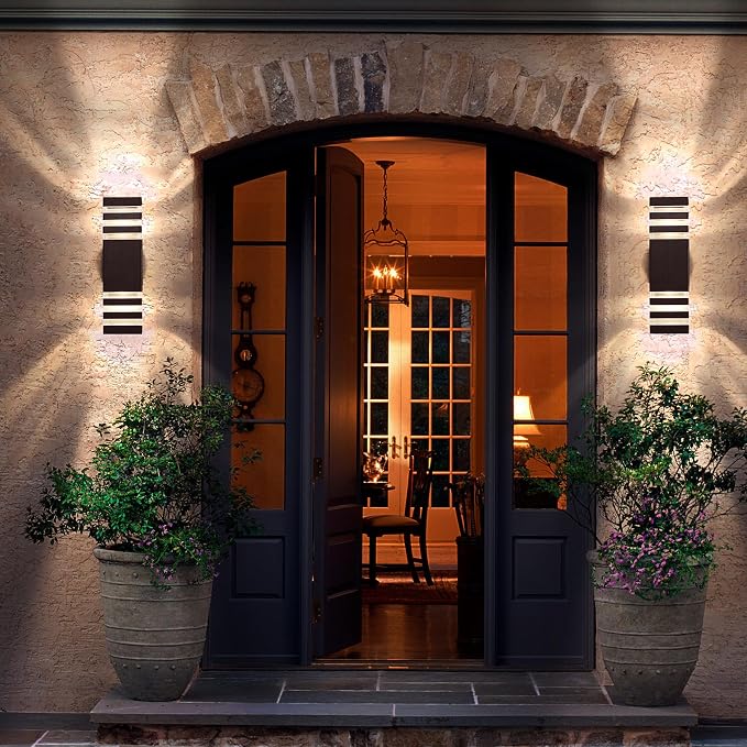 2 Pack Outdoor Wall Lights, Modern Exterior Light Fixture Wall Mount Brown Outdoor Lights for House, Waterproof Aluminum Up and Down Porch Lights Wall Sconces for Garage Patio, 3-Layer
