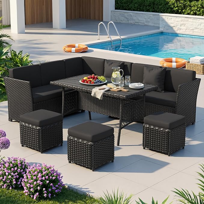 Patio Furniture Set, 7 Pieces Outdoor Dining Sets, All Weather Rattan Conversation Set, Outdoor Dining Sectional Sofa with Large Dining Table, Ottoman (Black-Black, A-7 Pieces)