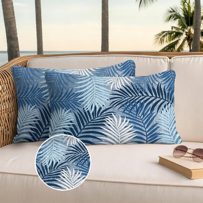 Blue Palm Leaves Waterproof Outdoor Pillow Covers Set of 2 Home Decor, Summer Tropical Leaf Plant Lumbar Pillowcase Patio Pillow Covers for Couch Bench Patio Furniture Garden 20x12in