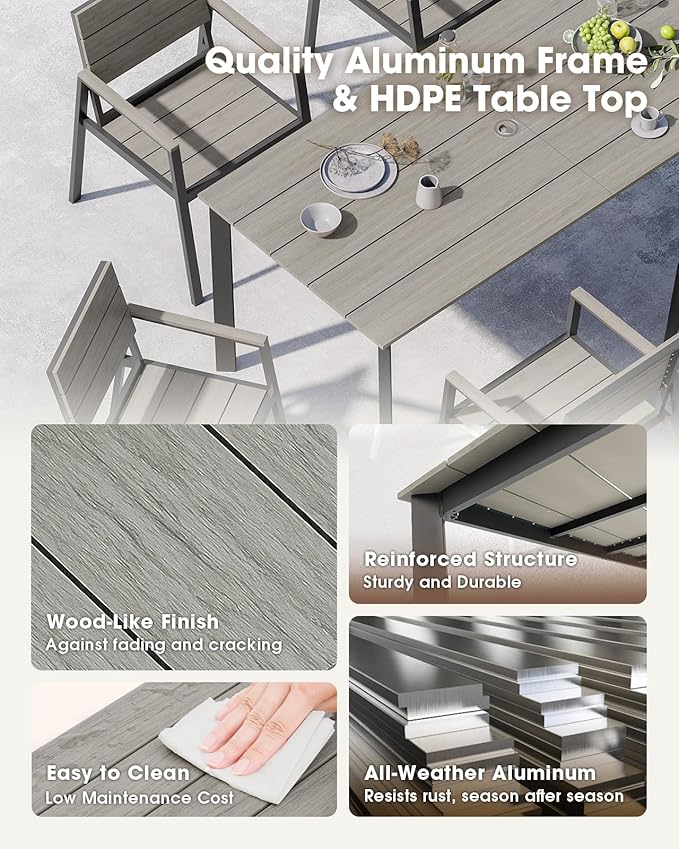 Outdoor Dining Table, Aluminum Patio HDPS Outdooor Table with Umbrella Hole, All Weather Patio Furniture Set, Patio Dining Table ((Classic Gray)