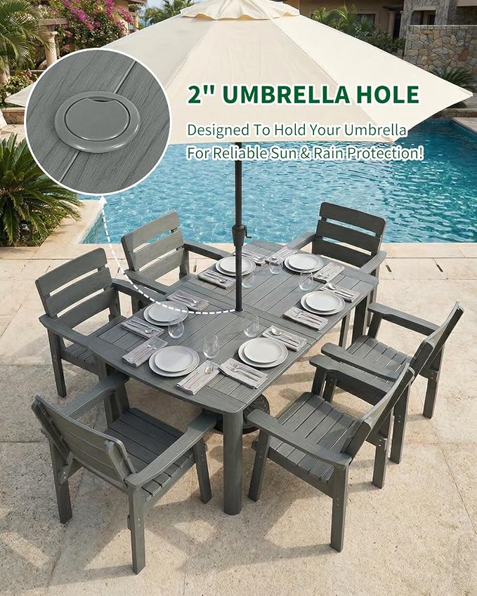 Outdoor Rectangle Dining Table with Rounded Edge, 67" All-Weather HIPS Patio Table for 6, Outdoor Furniture with Umbrella Hole, Ideal for Garden, Poolside, Backyard, Deck, Dark Gray