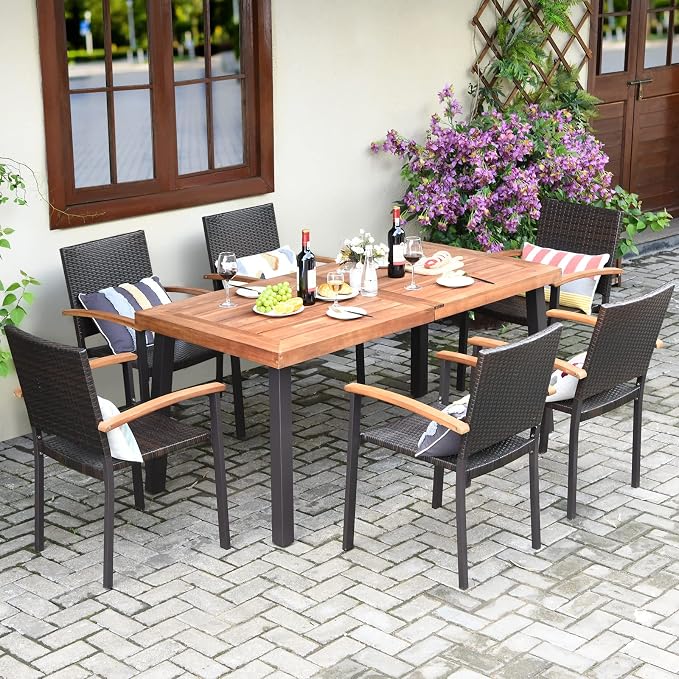 Tangkula 7-Piece Wicker Patio Dining Set, Patiojoy Outdoor Rattan Garden Yard Furniture Set, Acacia Wood Tabletop Dining Table with Umbrella Hole & 6 Stackable Rattan Chairs Set