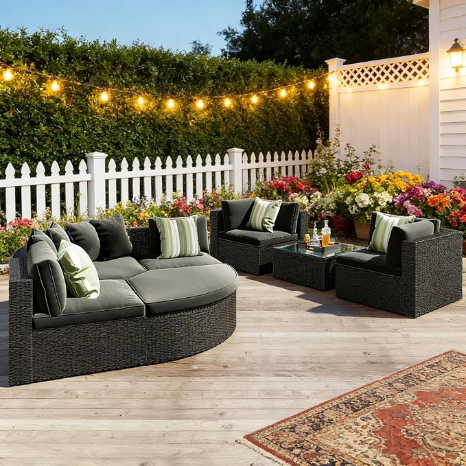 LUMISOL 7-Piece Patio Sofa Set, 93.5" Large Outdoor Half-Moon Sectional Sofa with Curved Ottoman & Coffee Table, Wicker Patio Conversation Set with Cushions for Backyard, Garden, Green Grey