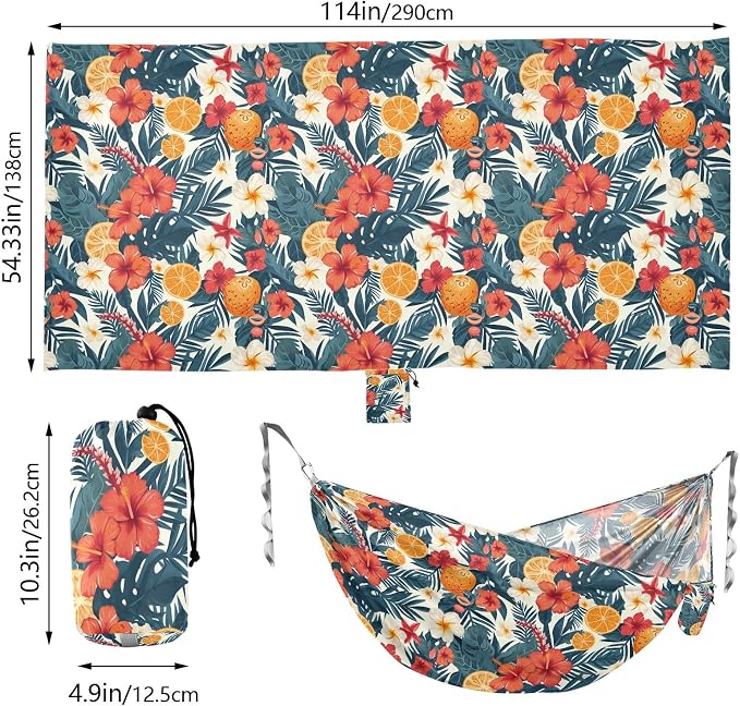 Camping Hammock Outdoor Hammocks for Outside Orange Hibiscus Flower Beach Trees Portable Lightweight with Pockets Tree Straps Indoor