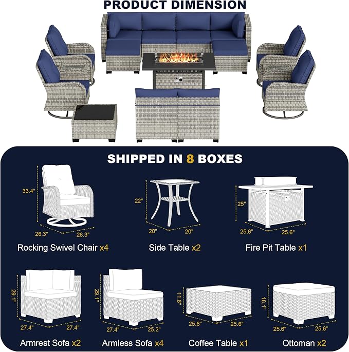 16-Piece Outdoor Patio Furniture Set with Rocking Swivel Chair, Wicker Rattan Sectional Sofa Conversation Set with 55,000 BTU Fire Pit Table with Ottomans, Backyard Furniture, Navy Blue