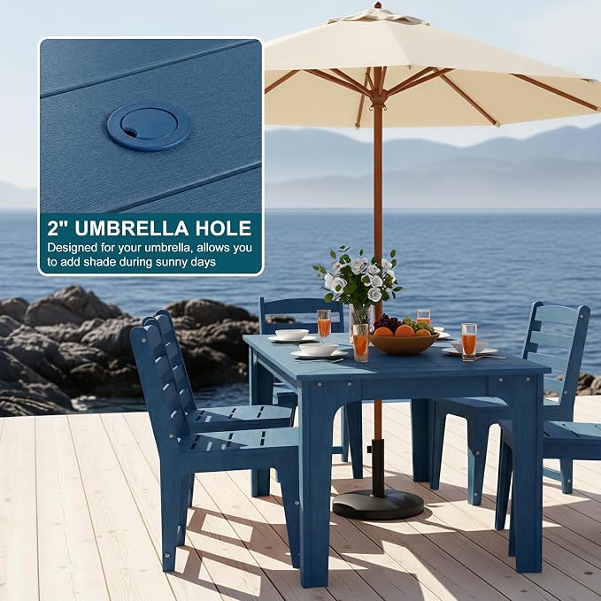 69" HDPE Rectangle Outdoor Dining Table for 6 Person, Blue | Weather-Resistant Patio Furniture with Metal Support Bars and Umbrella Hole Cut-Out for Poolside Garden Backyard Deck