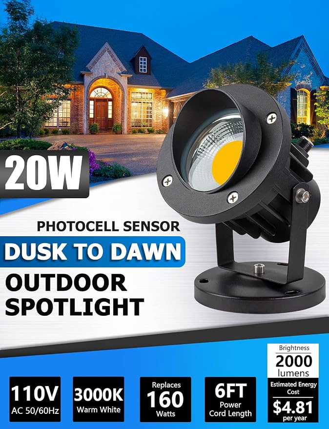 SUNVIE 20W Spot Lights Outdoor with Photocell Sensor, Dusk to Dawn LED Landscape Spotlights, Waterproof 120V 2000LM 3000K Landscape Lighting for Yard Flag Tree Garden 6 FT US 3-Plug in Cord, 2 Pack