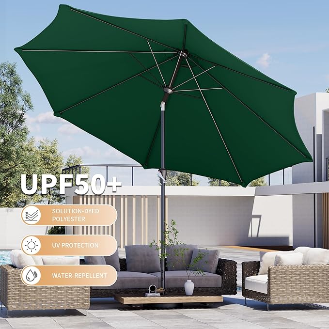 Kingdura 10FT Outdoor Patio Umbrella, Market Table Umbrella with Push Button Tilt and Crank, 8 Sturdy Fiberglass Ribs, UV Protection for Pool, Lawn, Deck, Backyard, Garden (Dark green)