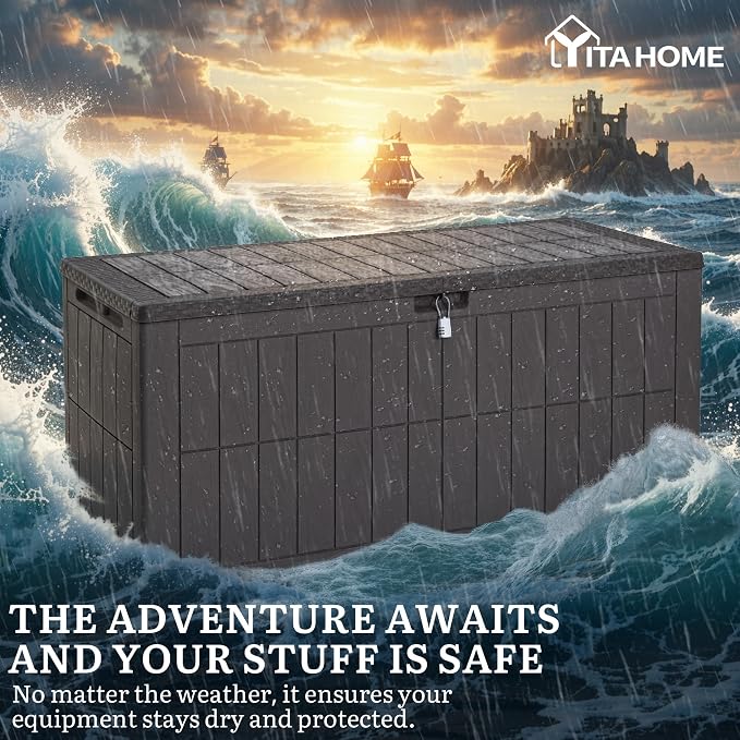 YITAHOME 134 Gallon Large Outdoor Storage Box with Lock, Waterproof Deck Box with Hydraulic Piston for Garden Tools, Pool Accessories & Cushions, Resin Deck Organizer with Bench Seat (Dark Brown)