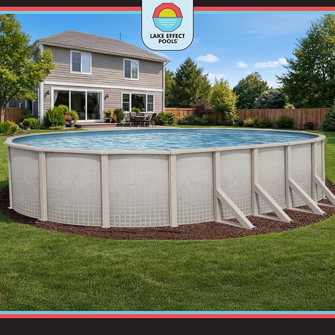 Lake Effect Pools 'Impressions' 18 ft x 33 ft Oval Above Ground Swimming Pool Bundle | 48 Inch Height | Steel Sided Walls | Kit Includes: 25 Gauge Liner, A-Frame Ladder, Sand Filter/Pump, & Skimmer