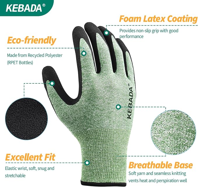 Kebada Gardening Gloves for Men, Foam Latex Coated, Green & Gray, 2 Pairs | Medium, breathable garden gloves, stretchable fit, made from recycled PET bottles. Ideal for gardening and general-duty work