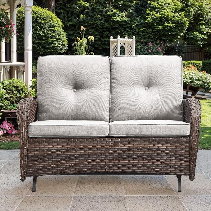Patio Loveseat Wicker Loveseat Rattan Glider Sofa with Curved Armrest Thicking Back & Seat Cushions for Garden Balcony Backyard Brown Wicker|Beige Cushions (B) Patio Loveseat Glider