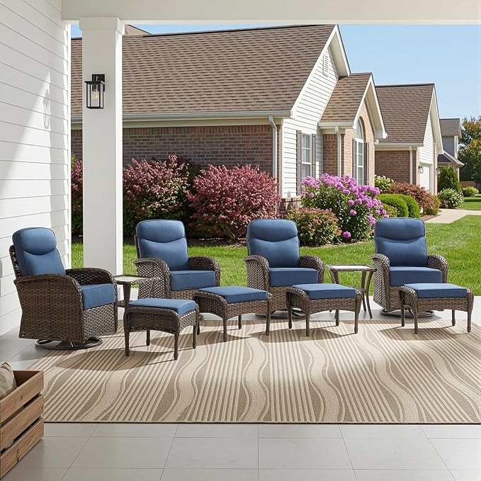 HUMMUH 4PCS Outdoor Swivel Rocker Patio Chairs with Ottomans,Luxury 6-inch Thick Cushion,High Back Patio Furniture Set,Wicker Conversation Set for Deck Yard and Poolside
