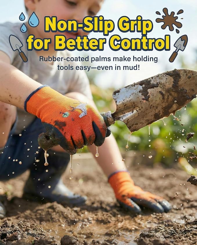 3/6 Pairs Kids Gardening Gloves, Skin-Friendly Rubber Coated Childrens Garden Gloves, Toddler Work Gloves Boys Girls
