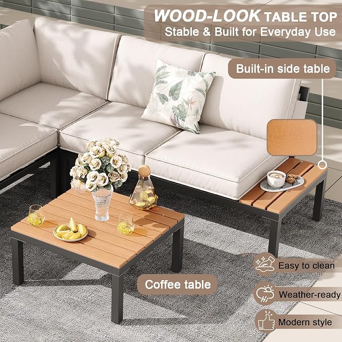 5-Person Outdoor Patio Furniture Set, Durable Metal Frame Outdoor Sectional with Wood-Look Table & Waterproof Cushions, All-Weather Conversation Set for Garden, Balcony, Poolside-Beige