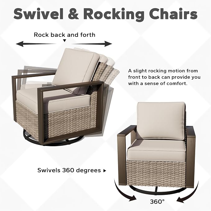 Joyside Outdoor Patio Swivel Rocker Chairs, 3 Pieces Wicker Furniture Set, 2 Swivel Rocking Chairs and 1 Table, Metal Wide Armrest, Thick Cushions and Deep Seating for Garden, Backyard, Porch, Deck