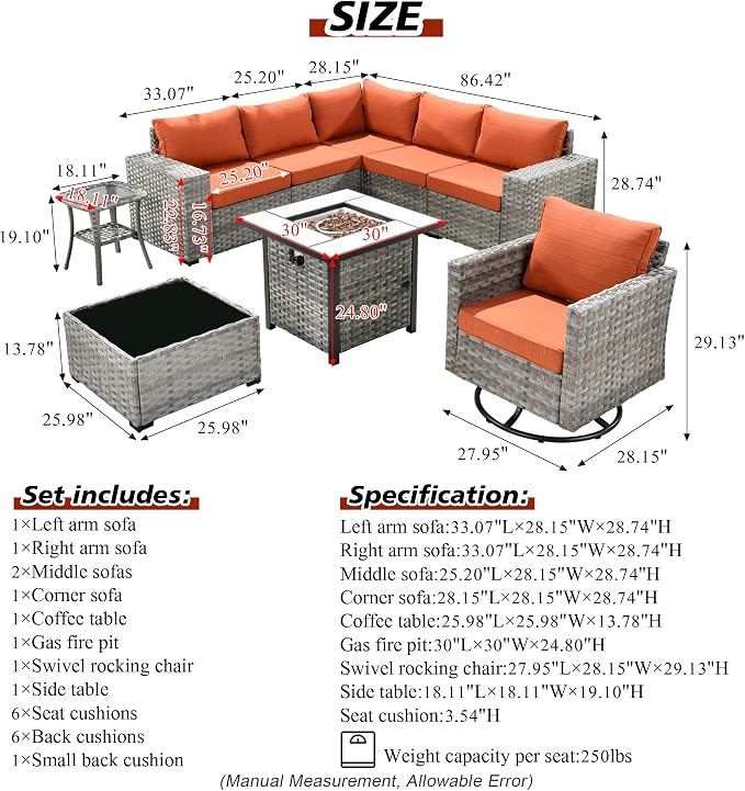 HOOOWOOO 9 Piece Modular Patio Outdoor Sectional Furniture Set with Gas Propane Fire Pit Table,Wicker Conversation Sofa Set with Swivel Chairs,Outside Couch Set(Orange Red)