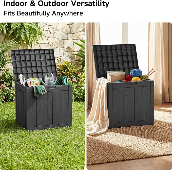 PatioZen 35 Gallon Outdoor Deck Box,Waterproof Resin Outdoor Storage Boxes, Outside Storage Lockable Container for Garden Tools,Indooor Cushions,Accessories (Black)