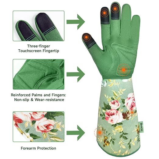 WANCHI Gardening Gloves for Women, Comfortable Floral Long Sleeve Garden Gloves for Gardening and Outdoor Work, Durable Leather Long Gardening Gloves, Great Gift Ideas for Ladies, Green Print (Large)