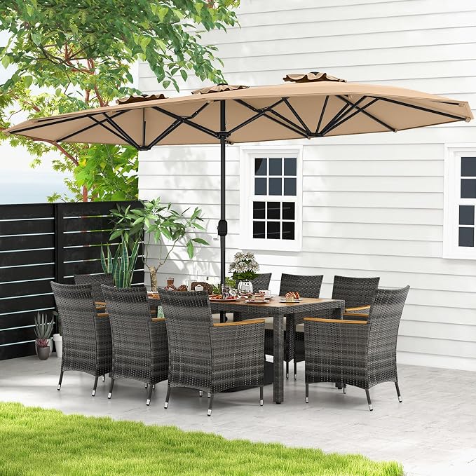 Tangkula 10 Pieces Patio Wicker Dining Set w/Double-Sided Patio Umbrella, Outdoor Acacia Wood Furniture Set w/ 8 Armchairs, 71” Dining Table & 15 ft Umbrella with Weighted Base (Coffee)