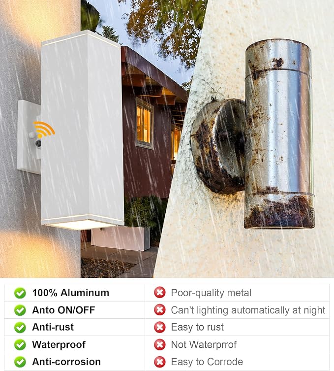 Dusk to Dawn Outdoor Light Fixture, 2 Pack Waterproof Outdoor Wall Lights, Modern Sensor Ootdoor Porch Light Exterior Lighting Fixture, White