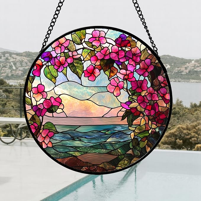 Stained Glass Window Hanging, Purple Flower Landscape Wreath Sun Catcher for Door Home Decor Plants Suncatcher Christmas Mother's Day Birthday Gifts for Women Men Mom Nana 15 in