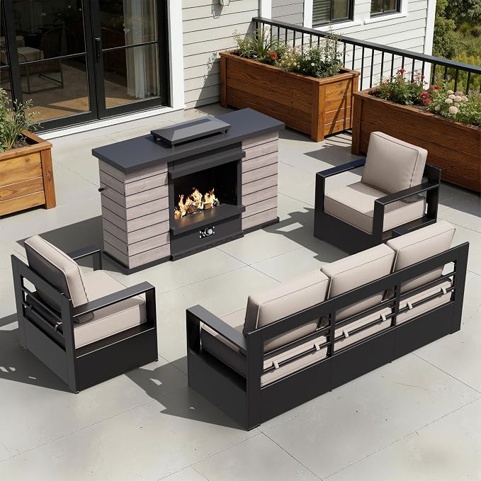 Outdoor Aluminum Furniture Set, 4-Piece Patio Conversation Set, 2 Chairs, 1 Sofa and 1 Fireplace, All-Weather Metal Frame, 6" Thick Removable Cushions, Deep Setting for Garden, Poolside and Porch