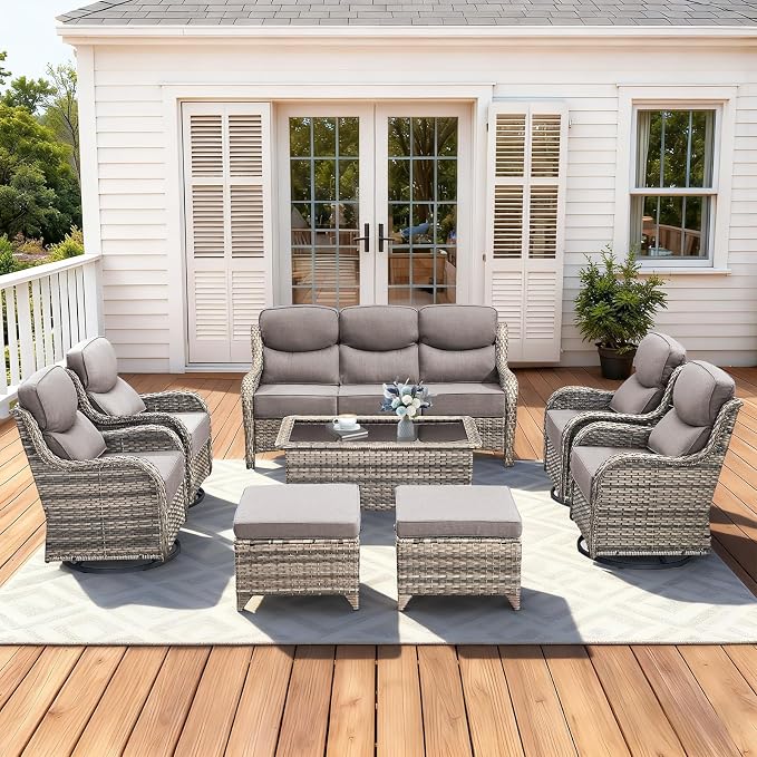 Luxury High Back Patio Furniture Set with 6-Inch Thick Cushions, 8-Pieces Outdoor Furniture with Swivel Chairs, Wicker Conversation Set for Porch, Balcony, Deck and Yard, Grey