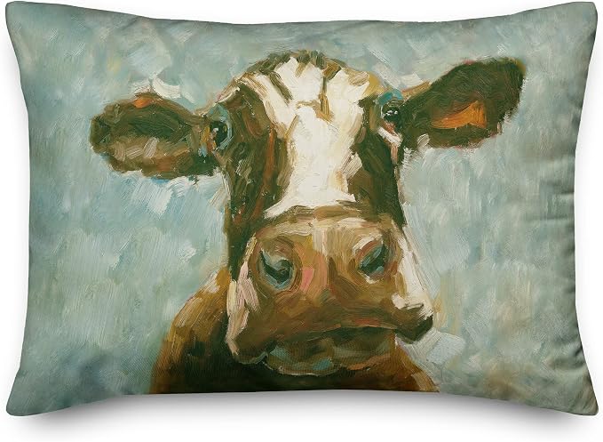 Green Painted Cow Indoor/Outdoor Pillow | Decorative Pillows for Living Room Couch Bed Sofa Patio, Fluffy Soft Cushion | Water Resistant Multi, 14x20
