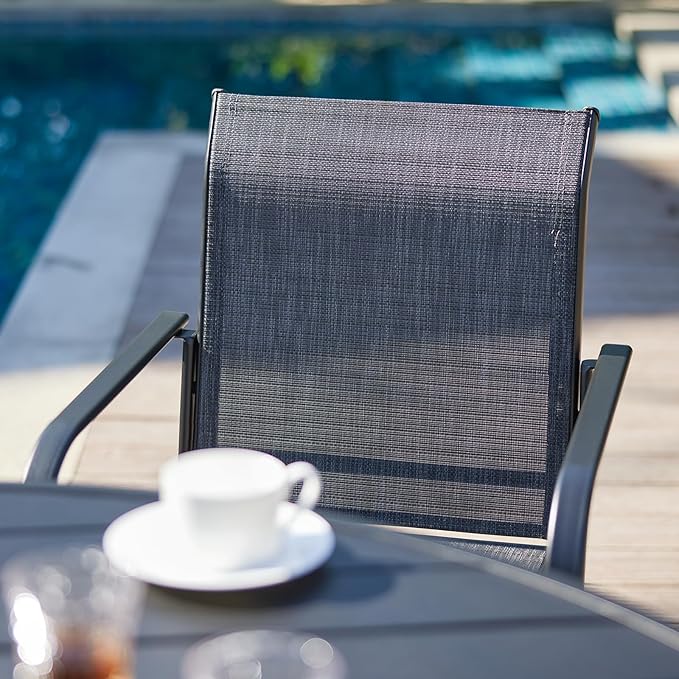 VICLLAX Outdoor Dining Set for 4, Patio Furniture Set of 4 Patio Stackable Dining Chairs and Outdoor Metal Square Table with Umbrella Hole for Backyard Lawn Garden, Dark Grey Chairs and Grey Table