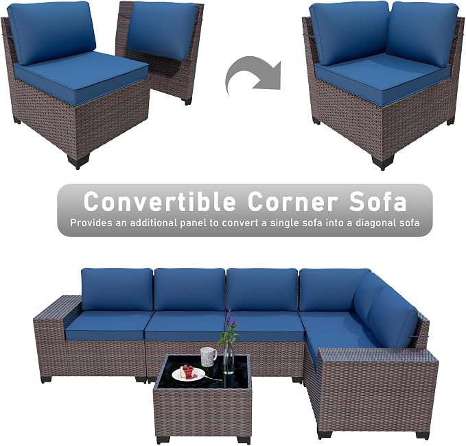 Patio Furniture Set 6 Pieces Outdoor Sectional Sofa Set,PE Rattan Wicker Patio Conversation Set with Thickened Cushions and Glass Coffee Table,NavyBlue