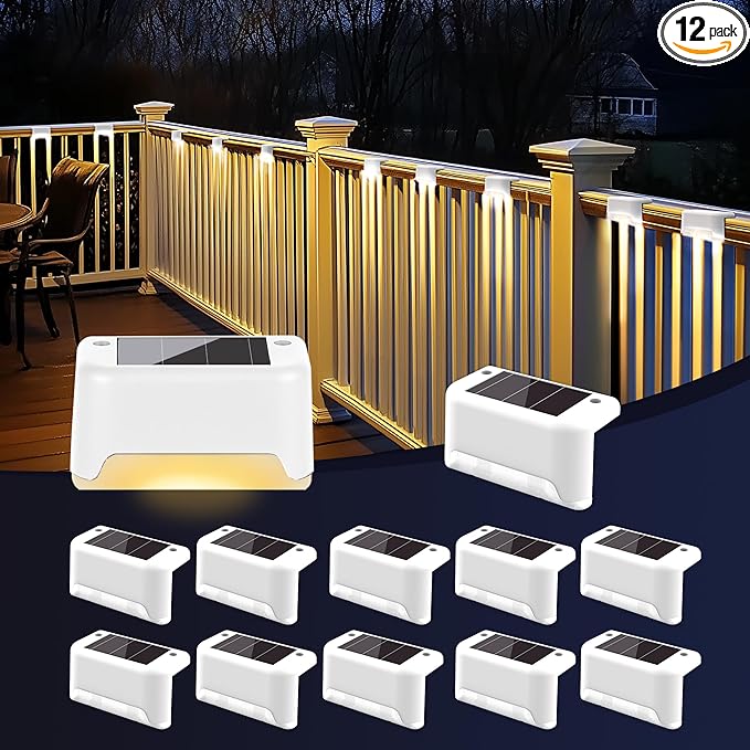 PATIOWIN Solar Fence Lights Outdoor,Solar Step Lights Waterproof Led Lights for Outdoor Deck,Stairs, Fence, Patio,Yard,Porch and Balcony(12Pack,Warm White)