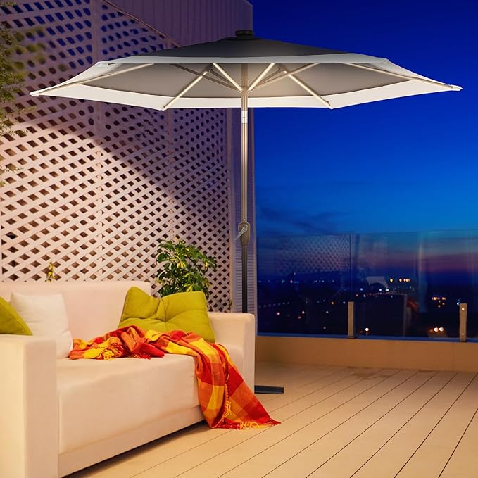JONATHAN Y Spencer 9 ft. Solar Powered LED Patio Umbrella with Crank and Tilt, Hexagon Outdoor Market Sunshade for Garden, Deck and Pool, Navy/White, Dark Brown Pole UMB1100A