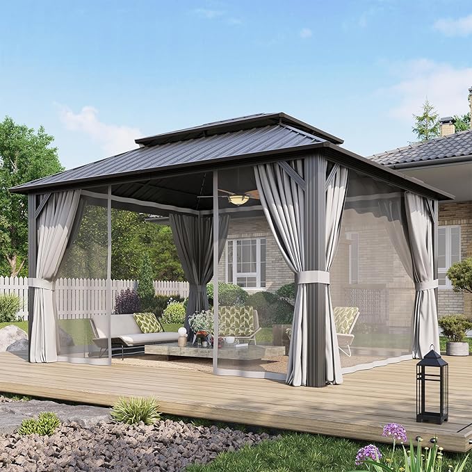 Aoxun 12’x14’ Hardtop Gazebo, Permanent Metal Pavilion with Galvanized Steel Double Roof, Outdoor Pergola with Nettings and Curtains for Lawn, Garden, Patio (Gray)