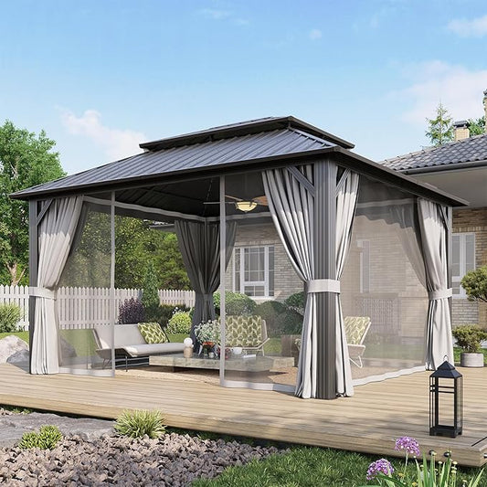 Aoxun 12’x14’ Hardtop Gazebo, Permanent Metal Pavilion with Galvanized Steel Double Roof, Outdoor Pergola with Nettings and Curtains for Lawn, Garden, Patio (Gray)