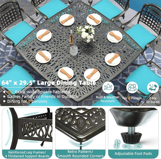 MEETWARM 9-Piece Outdoor Patio Dining Set for 8, All Weather Cast Aluminum Patio Funiture Table and Chairs Set- Large 64" Square Table and 4 Swivel Rocker Chairs, 4 Stationary for Garden, Ocean Blue