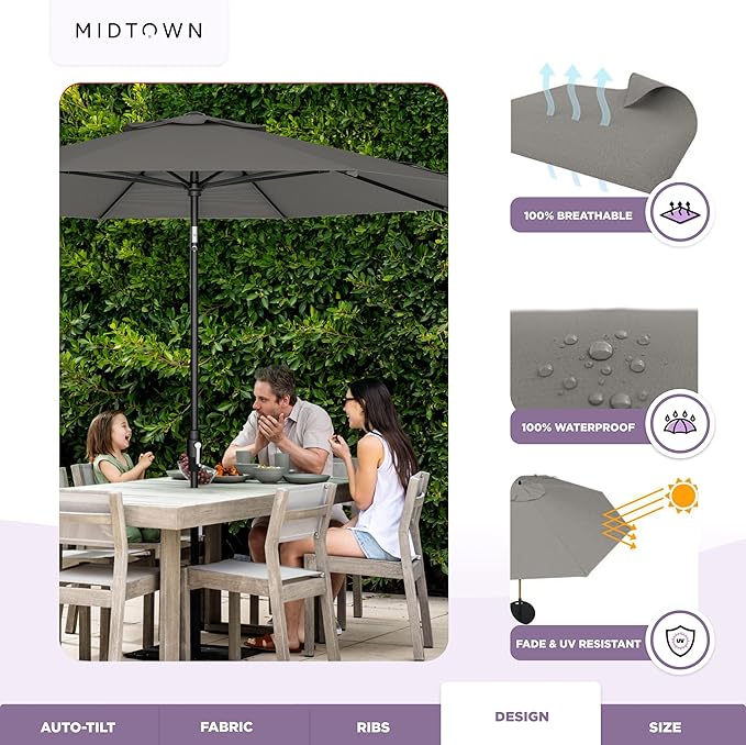 Midtown Umbrellas – The Swilt 10 Ft Patio Umbrellas with 360° Swivel & Tilt Mechanism, 8 Fiberglass Ribs & Terylast Polyester Fabric for Backyard, Deck, Pool & Cafes - Charcoal Canopy, Black Pole