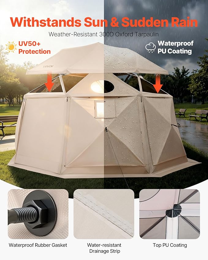 VEVOR Pop Up Gazebo Screen Tent, 12 x 12 ft Large High 13-Sided Camping Canopy Tent with Removable Top & Carry Bag, Quick Set & Bite-Proof Mesh Screen Sun Shelter for 8-10 Persons Backyard Patio