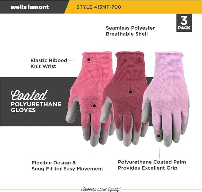 Wells Lamont Gardening Gloves for Women – Breathable Polyester, Seamless Fit – PU-Coated Palm for Grip & Durability