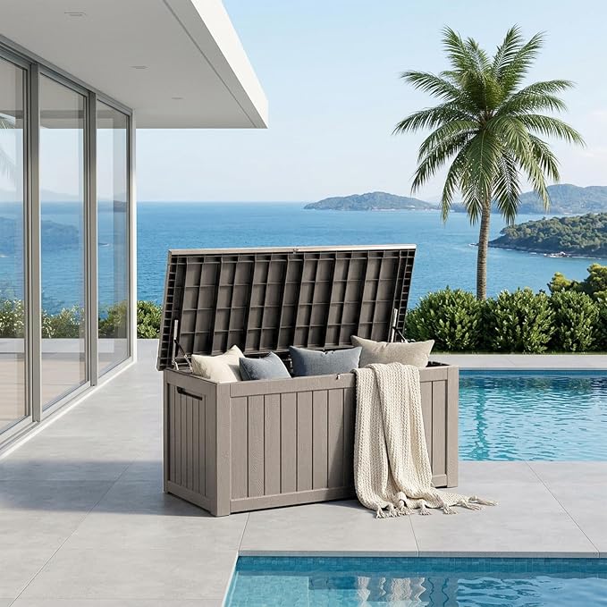 270 Gallon Outdoor Storage Box Waterproof, Lockable Resin Deck Box Large Storage Bin for Patio Furniture Cushion, Garden Tools, Pool Accessories, UV-Resistant Outside Delivery, Gray