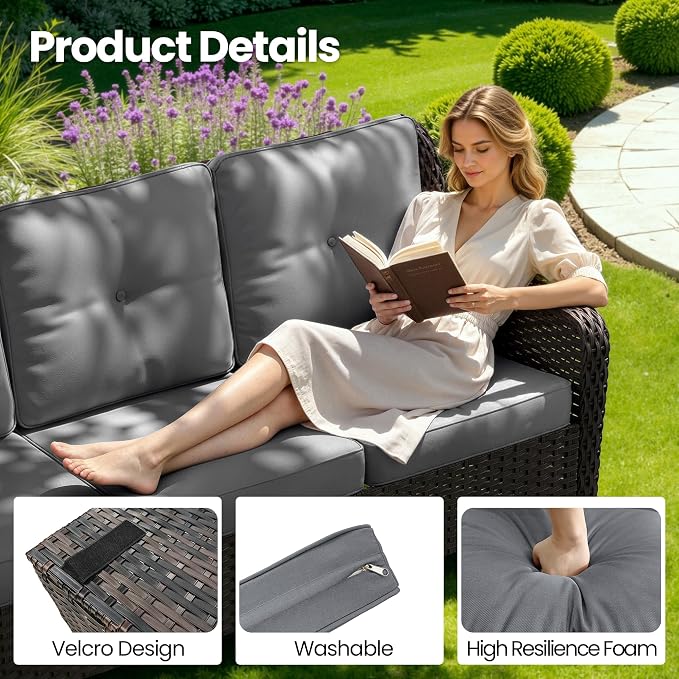 Kullavik 7 Pieces Patio Furniture Set,All-Weather Wicker High Back Outdoor Swivel Rocker Patio Chairs with Fire Pit Table & Thick Cushions,Paito Conversation Set for Porch,Deck,Grey
